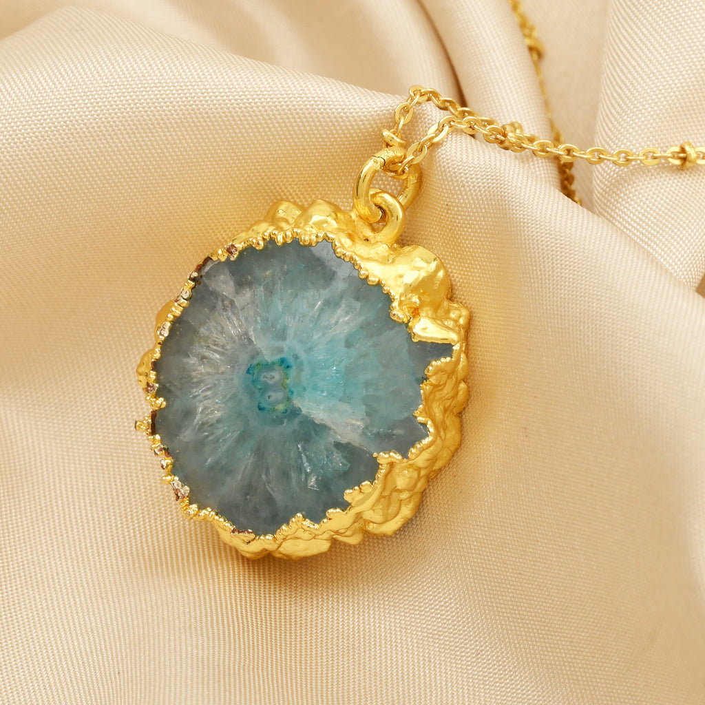 Gold-Plated Raw Aqua Solar Quartz Pendant Necklace