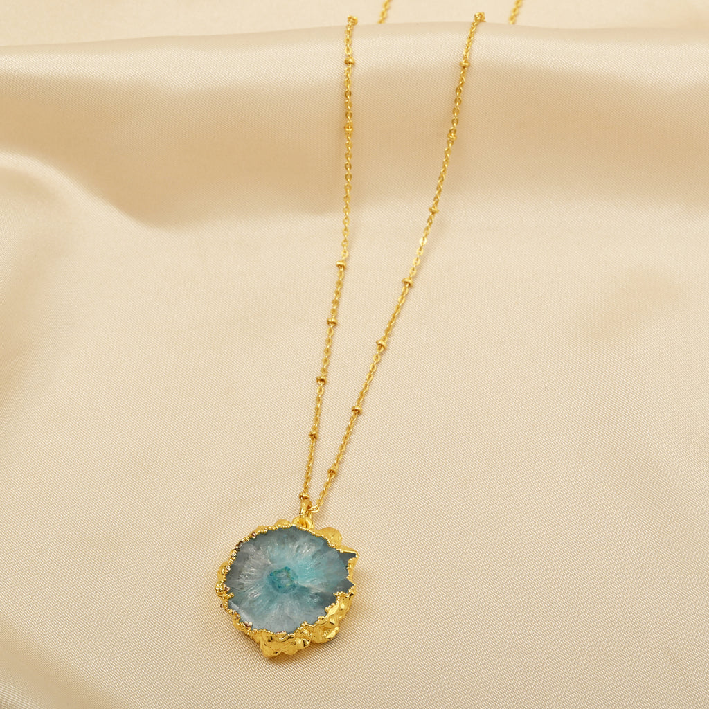 Gold-Plated Raw Aqua Solar Quartz Pendant Necklace