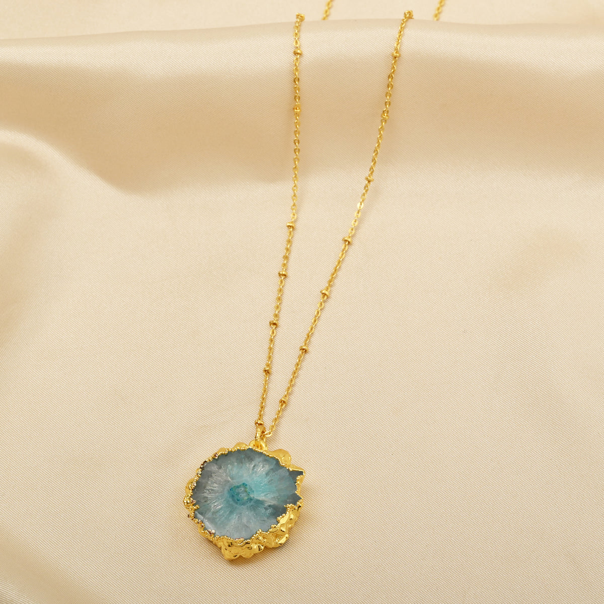 Gold-Plated Raw Aqua Solar Quartz Pendant Necklace