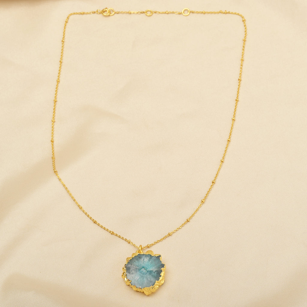 Gold-Plated Raw Aqua Solar Quartz Pendant Necklace
