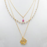 Pink Jade and Labradorite Gemstone with Lotus Necklaces, Three Layer Necklace