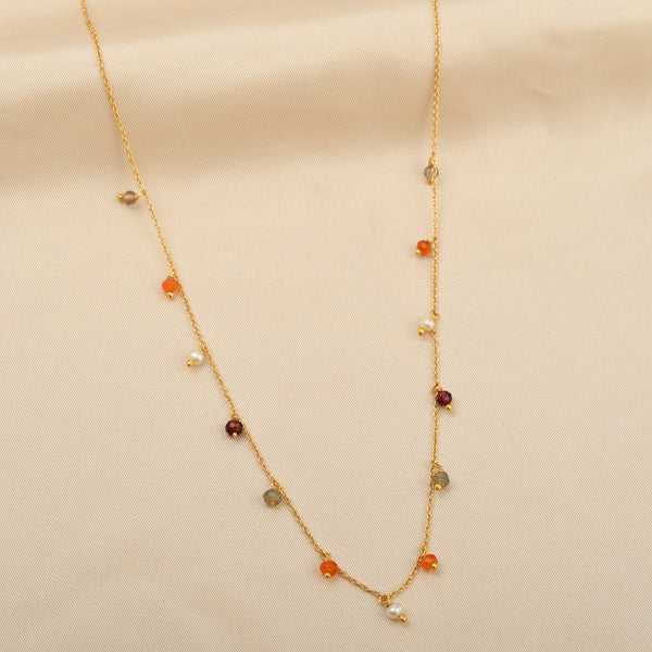 Multicolor Gemstone & Pearl Charm Station Necklace