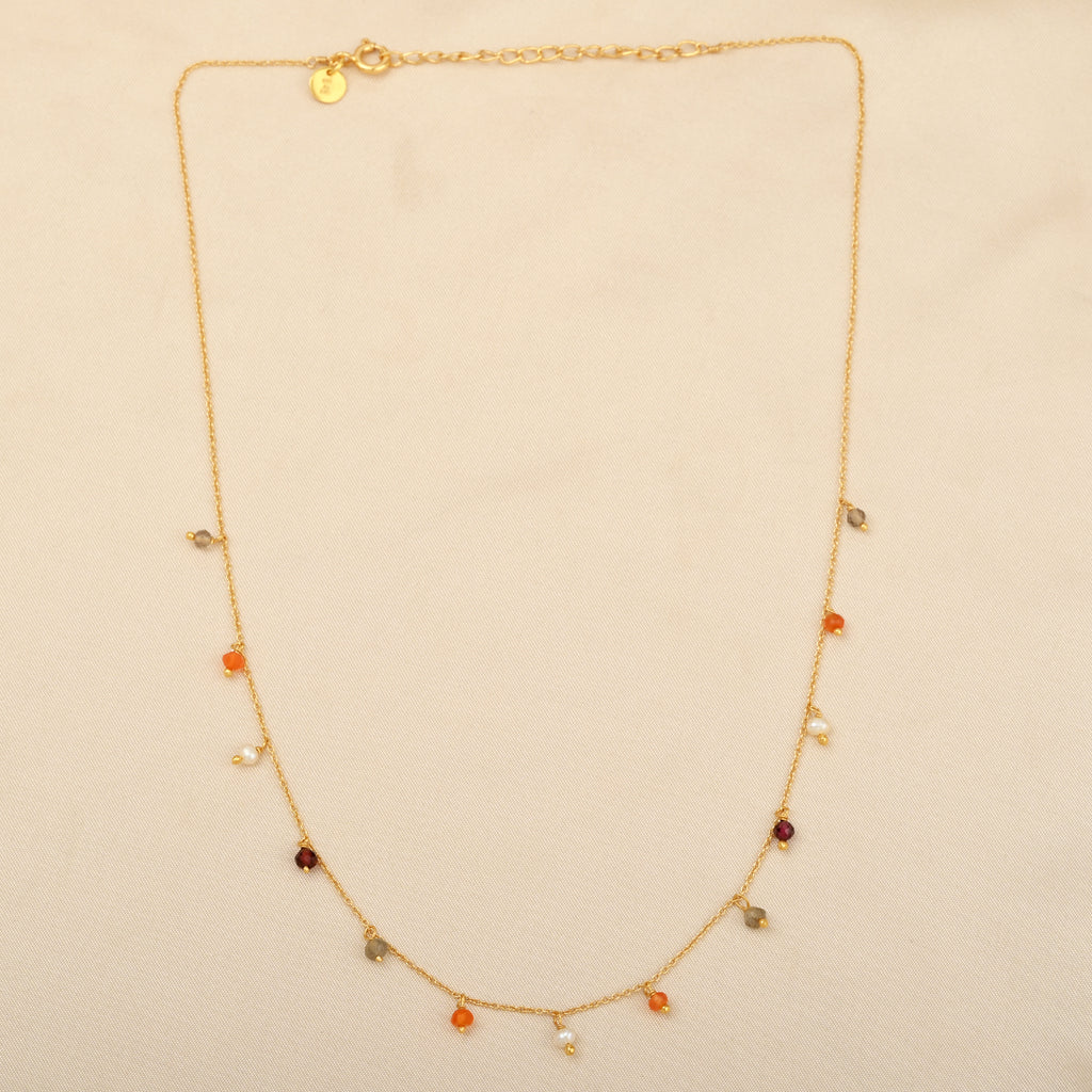 Multicolor Gemstone & Pearl Charm Station Necklace