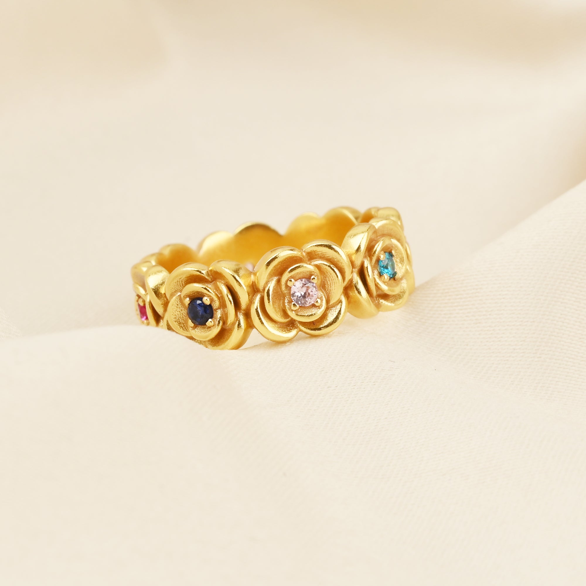 Multi Color Stone Floral Eternity Band Ring