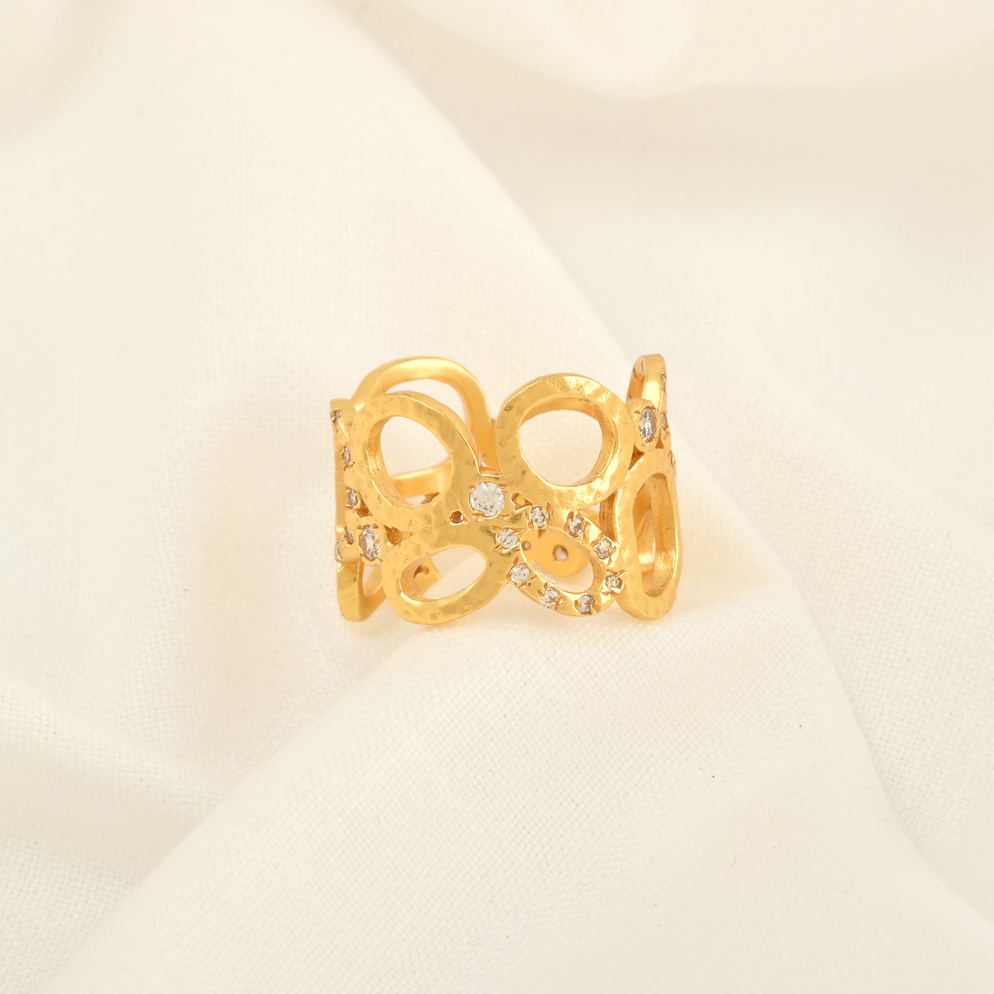 Gold Openwork Statement Ring with White CZ Accents