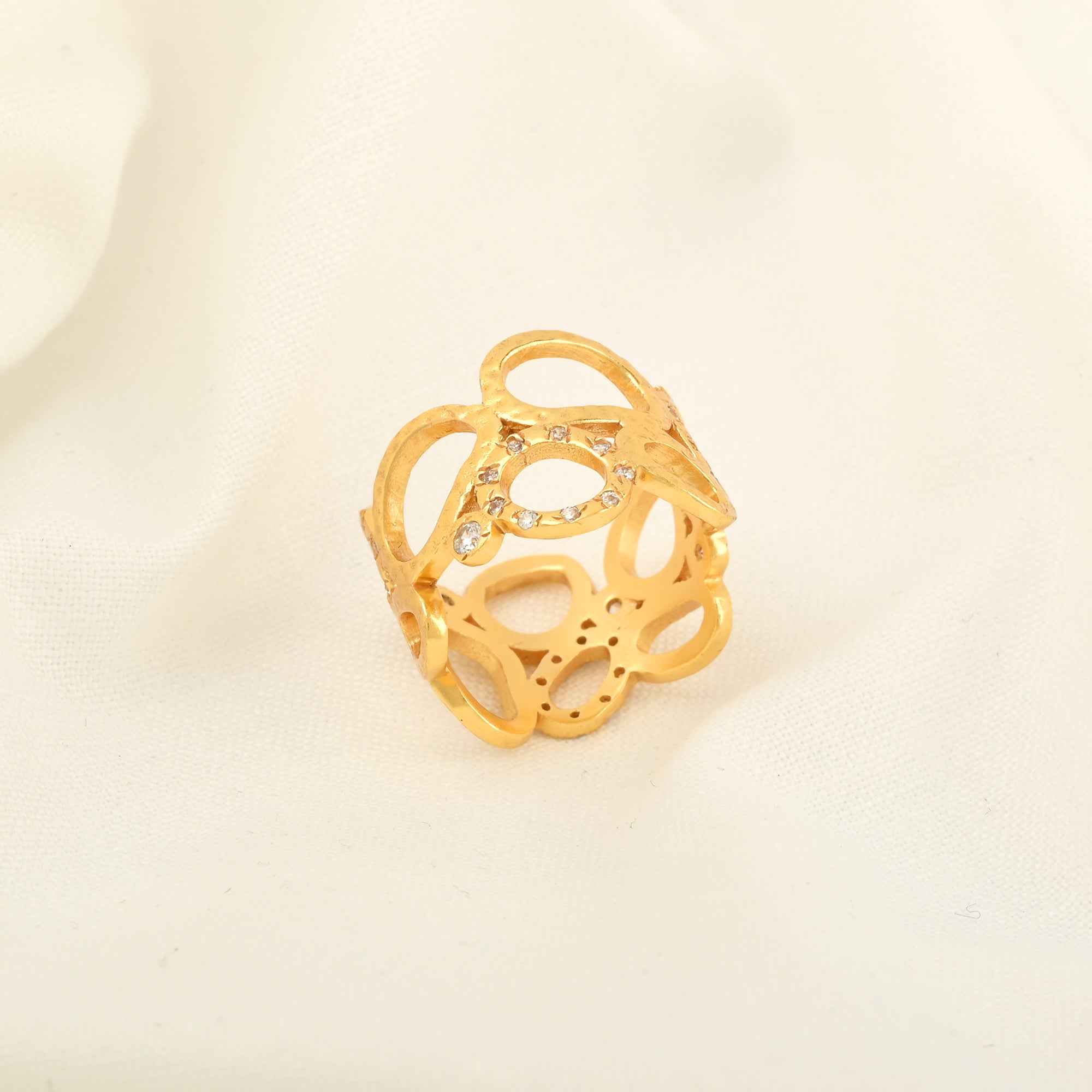 Gold Openwork Statement Ring with White CZ Accents