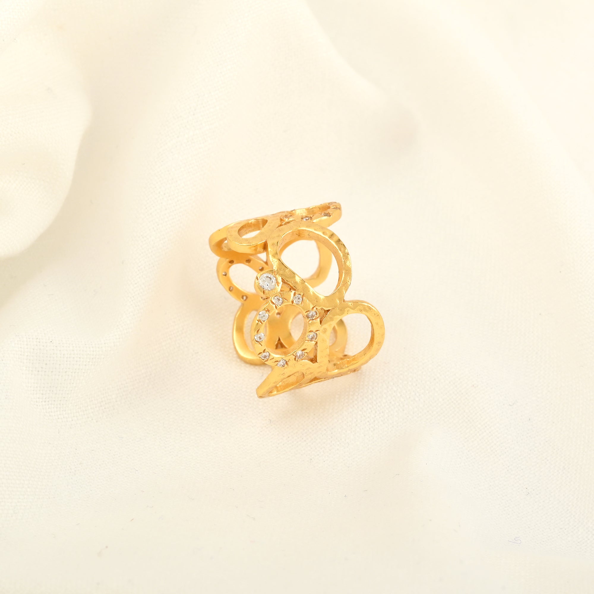 Gold Openwork Statement Ring with White CZ Accents