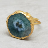 Green Solar Quartz Stone Brass 22k Gold Plated Adjustable Designer Rings