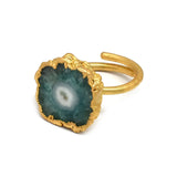 Green Solar Quartz Stone Brass 22k Gold Plated Adjustable Designer Rings