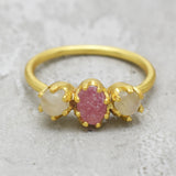 Three stone ring, opal and pink quartz ring, gemstone ring, 925 silver 22k gold ring, Gifts jewelry, women accessory, Wholesale jewelry