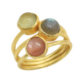 Triple-Stone Labradorite Peach Moon Stone Prehnite Stacking Ring