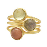 Triple-Stone Labradorite Peach Moon Stone Prehnite Stacking Ring