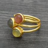 Triple-Stone Labradorite Peach Moon Stone Prehnite Stacking Ring