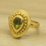 Gold Plated Silver Metal Filled Pear shape Center Peridot Stone Bezel Ring