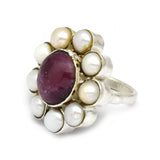 Ruby with Pearl Gemstone Designer Ring, Brass Silver Plated Statement Ring