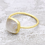 Brass 22k Gold Plated Square Shaped Golden Rutile Gemstone Rings