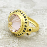 Rose Quartz with Black CZ Gemstone Designer Rings in  22k