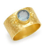 Solid 925 Silver Gold Plated Hammered with Aquamarine Wide Band Rings