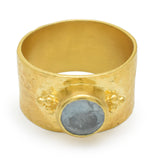 Solid 925 Silver Gold Plated Hammered with Aquamarine Wide Band Rings