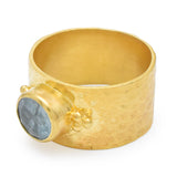 Solid 925 Silver Gold Plated Hammered with Aquamarine Wide Band Rings