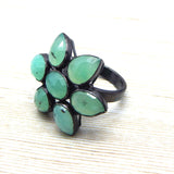 Solid 925 Silver Black Rhodium Plated Green Chalcedony Floral Shape Designer Rings