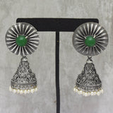 Oxidized Silver Plating  Metal Green Onyx Stone & Pearl Jhumka Earrings for women