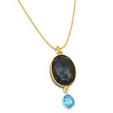 Gold Plated Labradorite Stone Pendent With Amethyst, Blue Topaz, Lapis Beads Necklace