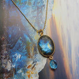 Gold Plated Labradorite Stone Pendent With Amethyst, Blue Topaz, Lapis Beads Necklace