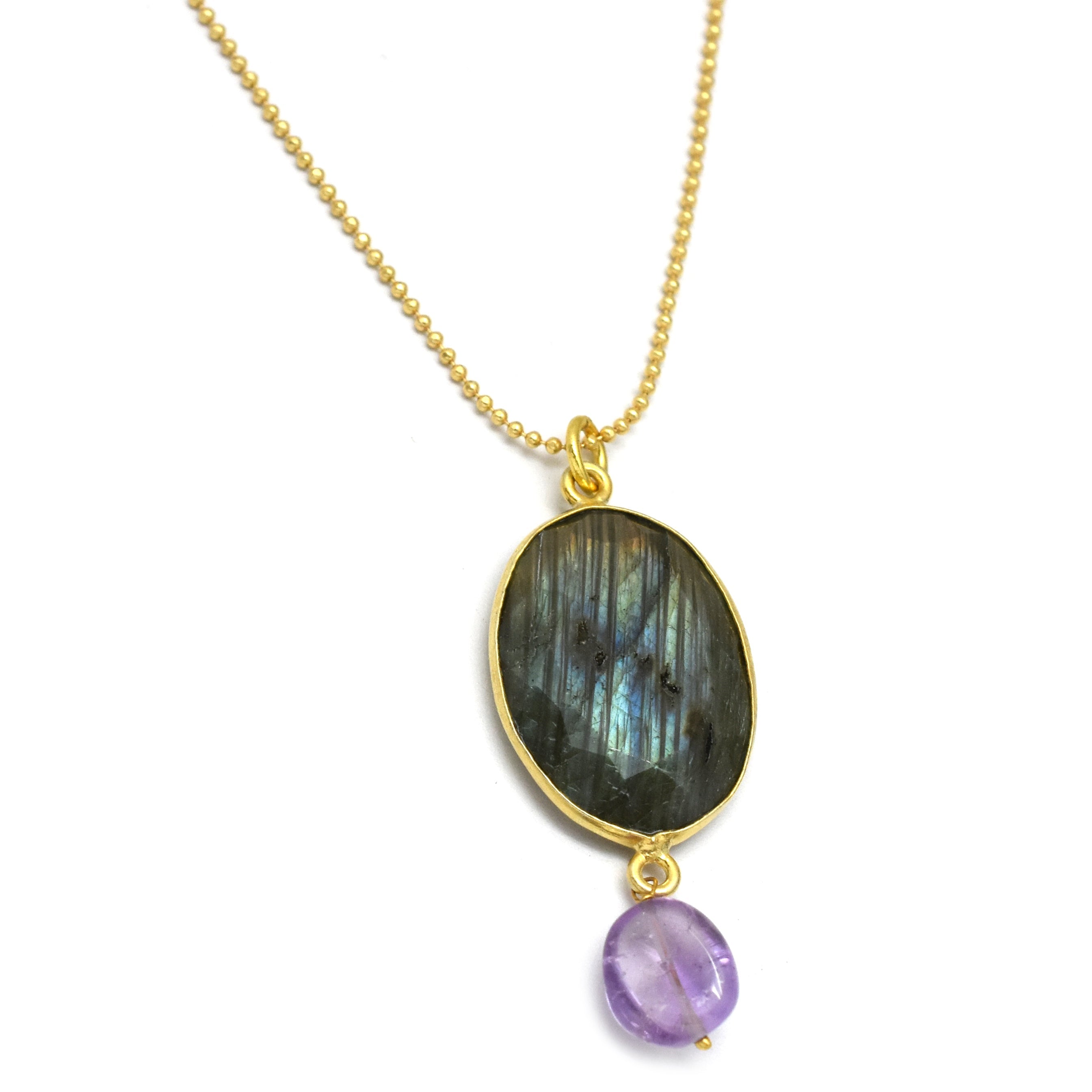 Gold Plated Labradorite Stone Pendent With Amethyst, Blue Topaz, Lapis Beads Necklace