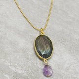 Gold Plated Labradorite Stone Pendent With Amethyst, Blue Topaz, Lapis Beads Necklace