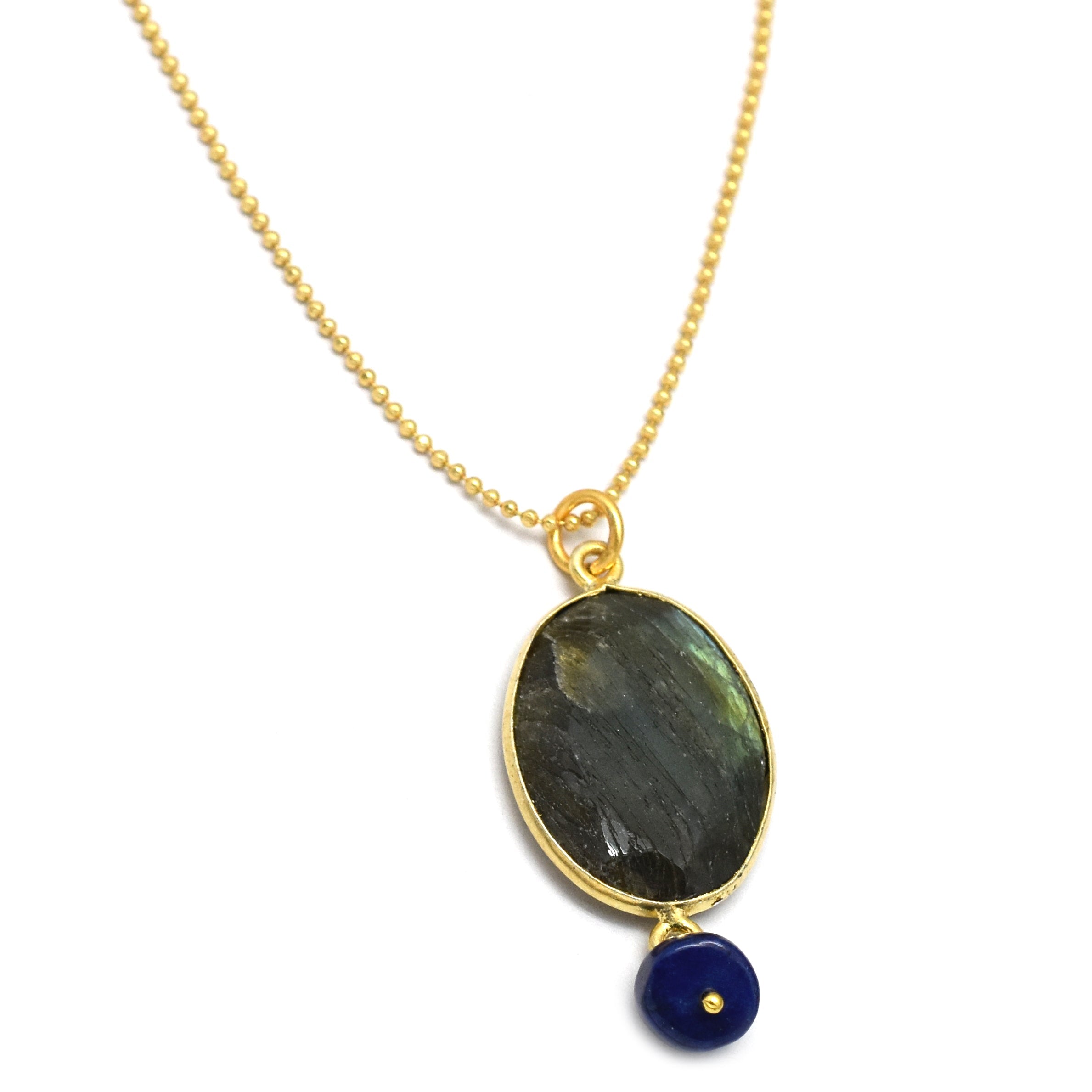 Gold Plated Labradorite Stone Pendent With Amethyst, Blue Topaz, Lapis Beads Necklace