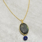 Gold Plated Labradorite Stone Pendent With Amethyst, Blue Topaz, Lapis Beads Necklace