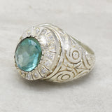 Silver Plated Blue Topaz, White CZ Stones Ring for Women