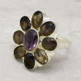 Silver Plated Smoky and Amethyst Gemstone Floral shape Cocktail Ring