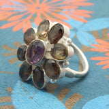 Silver Plated Smoky and Amethyst Gemstone Floral shape Cocktail Ring