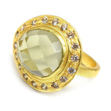 Gold Plated Green Amethyst, White CZ Gemstone Ring