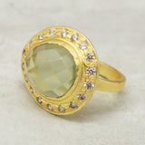 Gold Plated Green Amethyst, White CZ Gemstone Ring