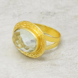 Gold Plated Green Amethyst, White CZ Gemstone Ring