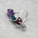 Silver Plated Amethyst, Ruby, Blue Topaz, Aqua Chalcedony Raw Multi Stone Ring