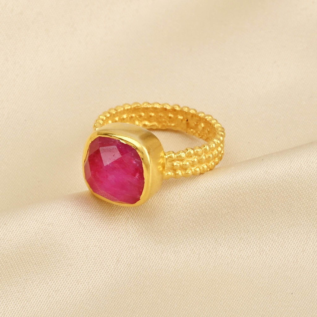 Sterling Silver Handcrafted Ruby Beaded Band Ring - La Vitá Jewels