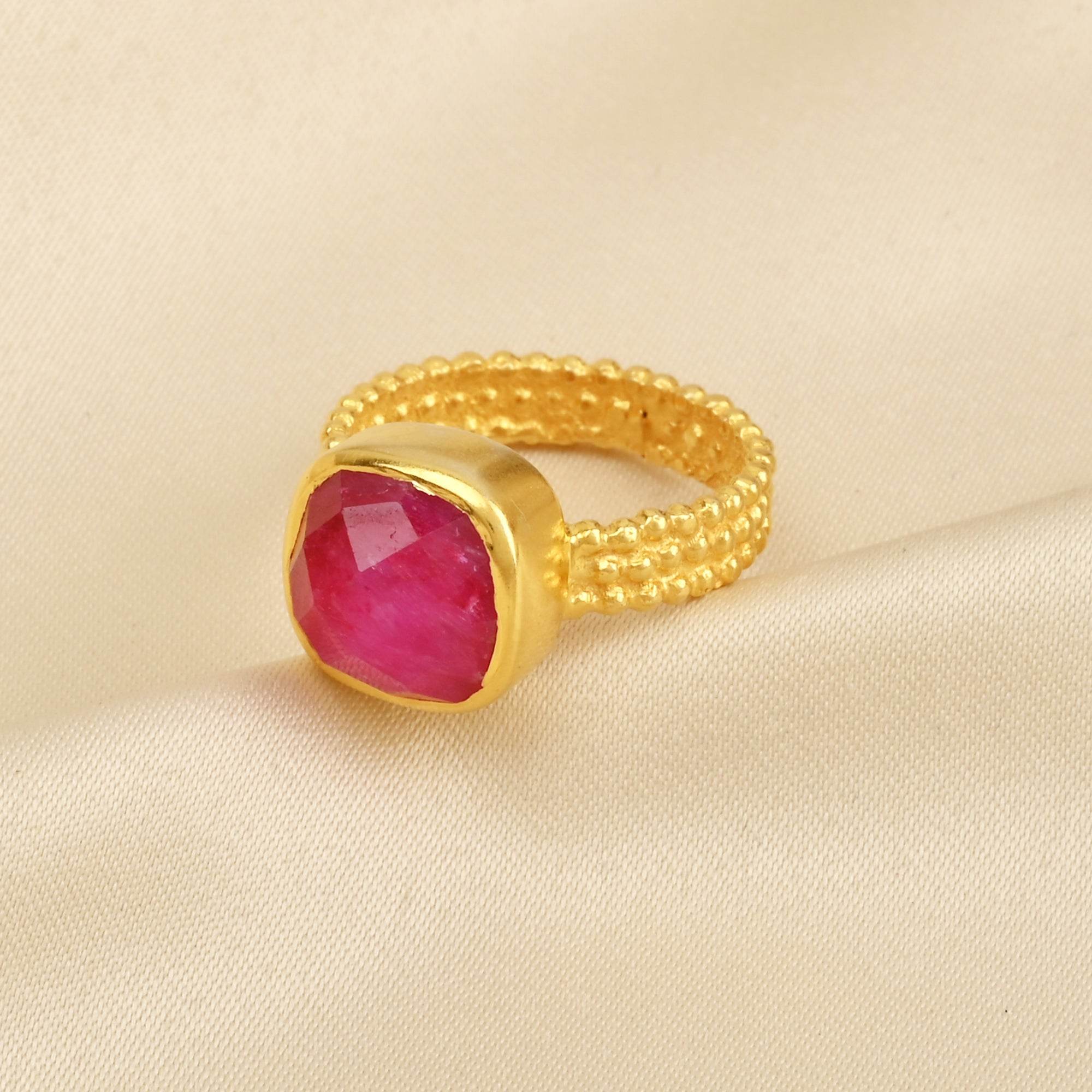 Sterling Silver Handcrafted Ruby Beaded Band Ring - La Vitá Jewels
