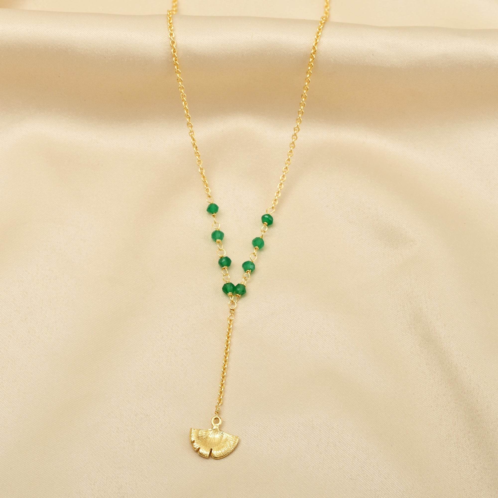 Biloba-Ginkgo Leaf with Green Onyx Beads Necklaces - La Vitá Jewels