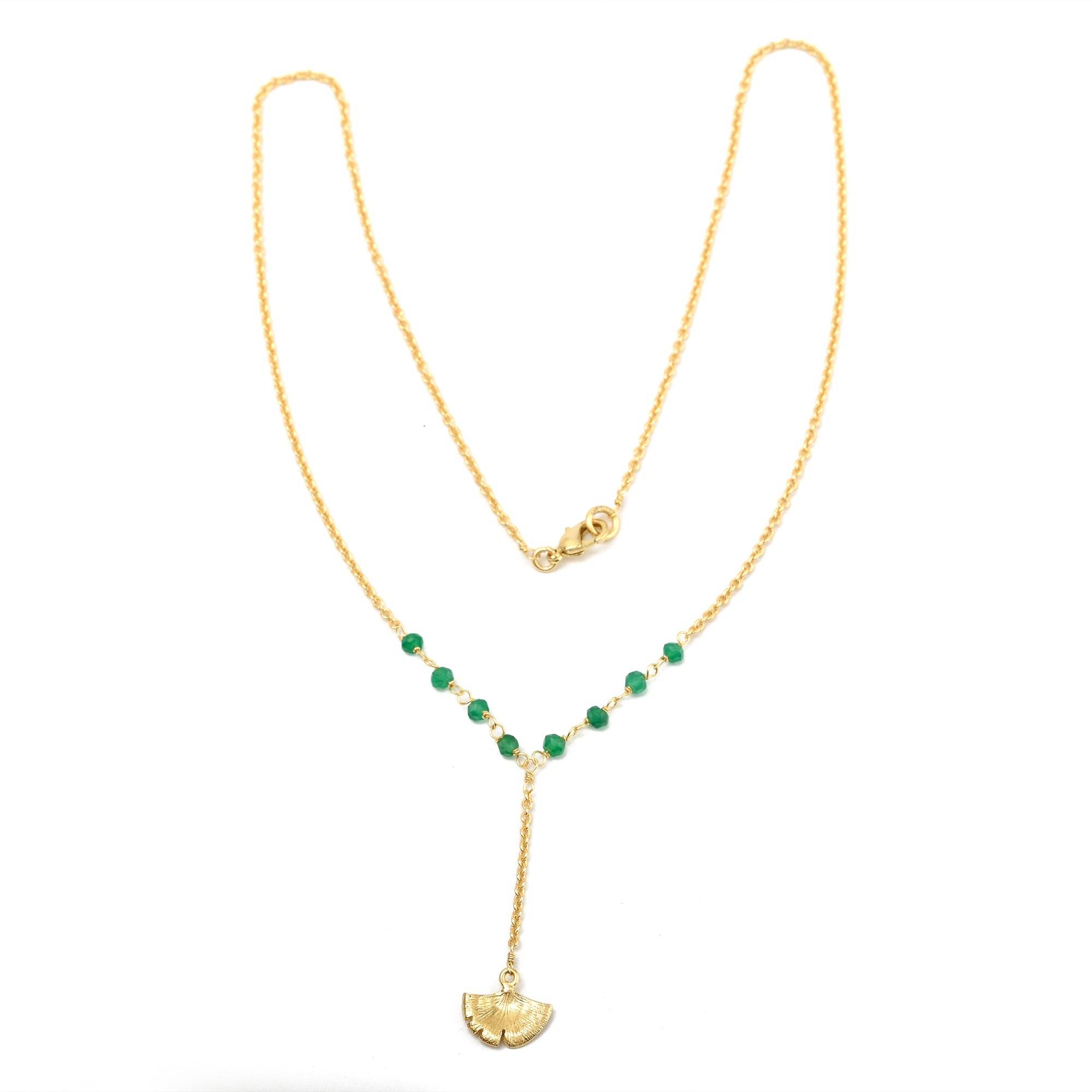 Biloba-Ginkgo Leaf with Green Onyx Beads Necklaces - La Vitá Jewels