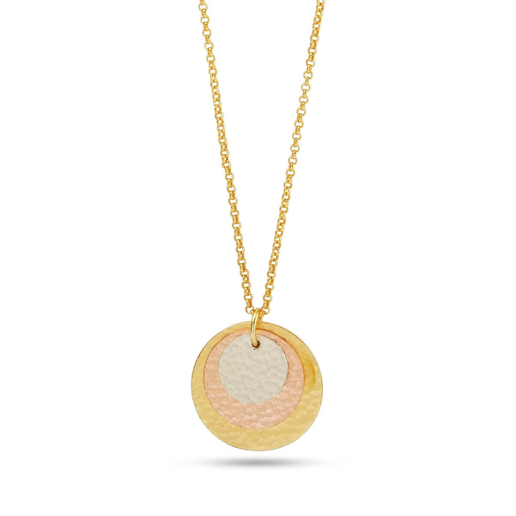 Three Gold Tone Round Disc Hammered Necklaces - La Vitá Jewels