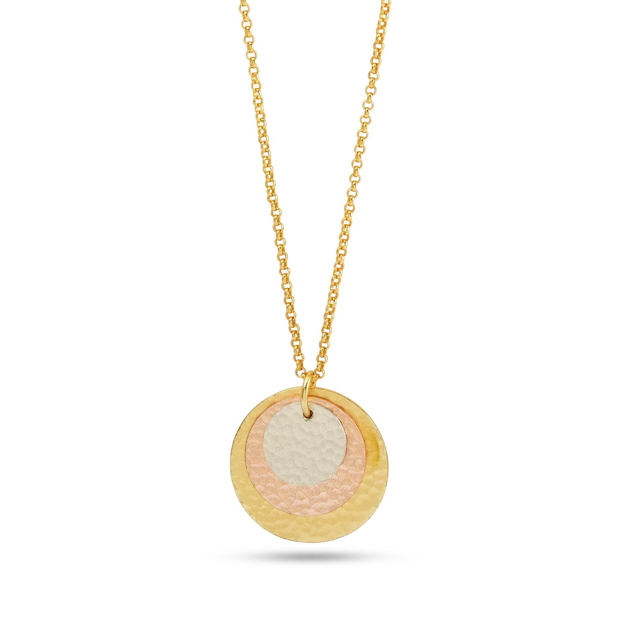 Three Gold Tone Round Disc Hammered Necklaces - La Vitá Jewels