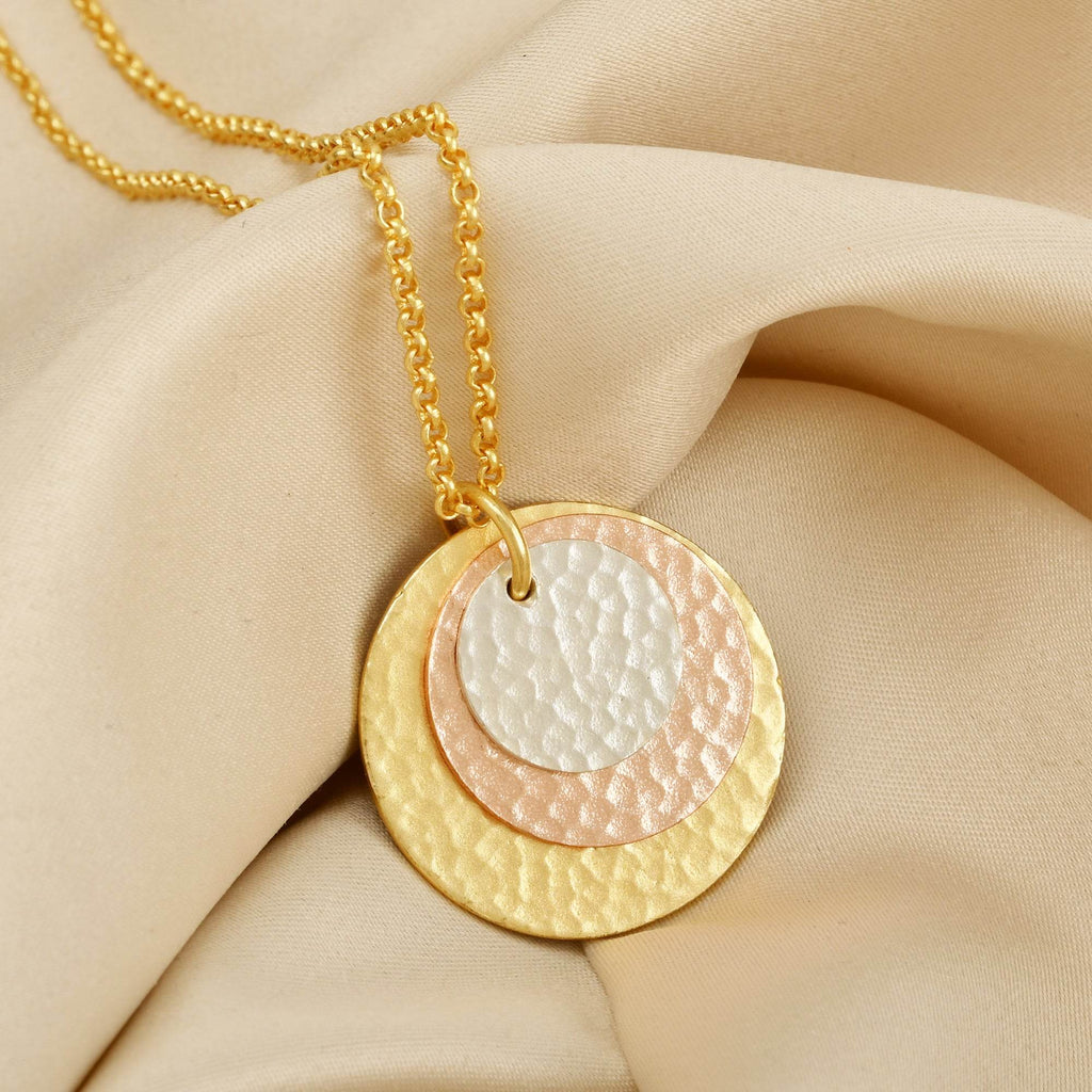 Three Gold Tone Round Disc Hammered Necklaces - La Vitá Jewels