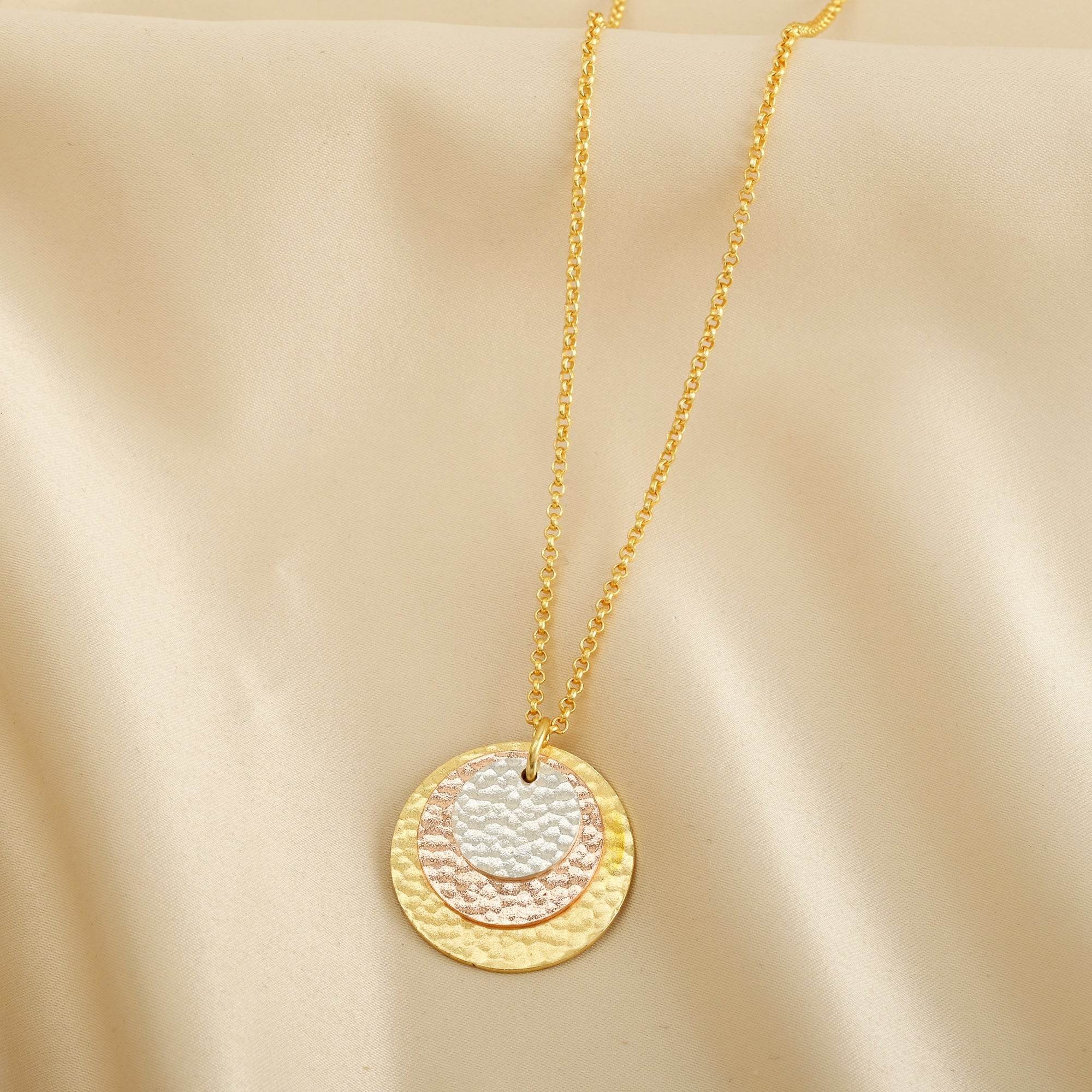 Three Gold Tone Round Disc Hammered Necklaces - La Vitá Jewels