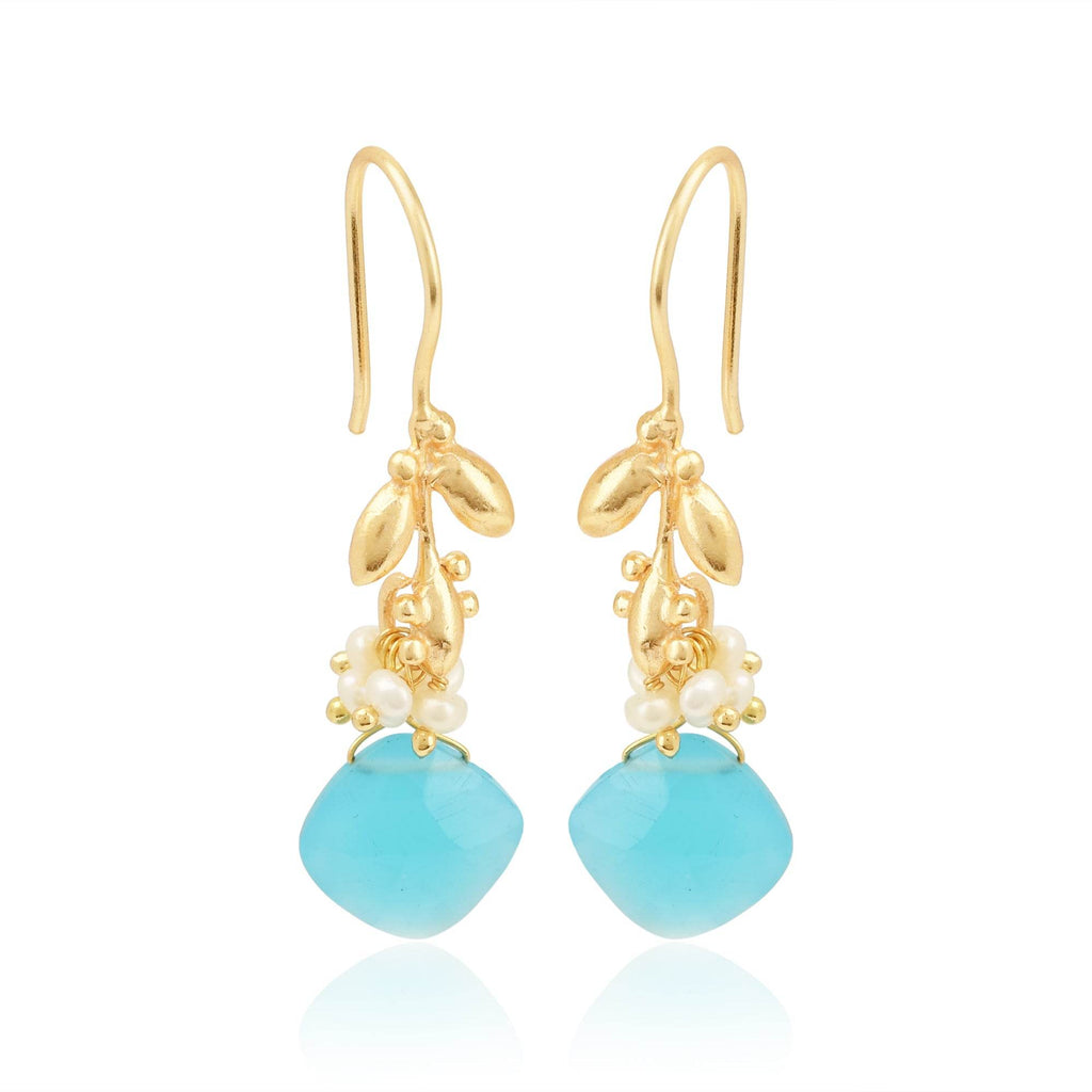 Aqua Chalcedony with Pearl Dangle Earrings - La Vitá Jewels