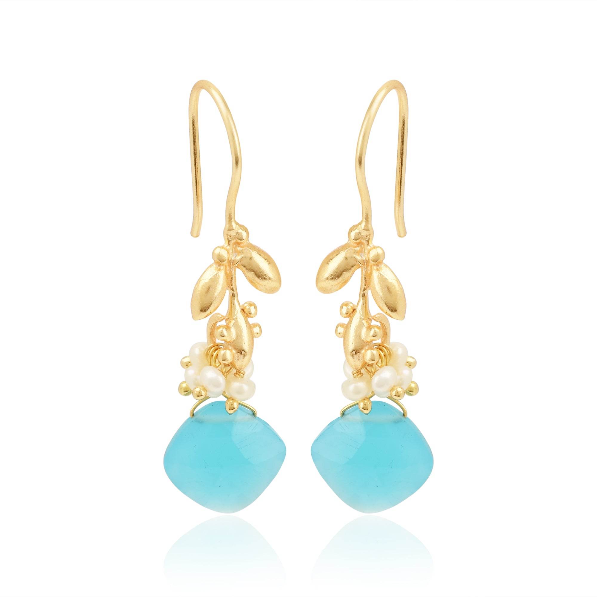 Aqua Chalcedony with Pearl Dangle Earrings - La Vitá Jewels