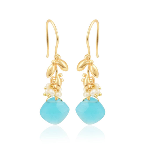Aqua Chalcedony with Pearl Dangle Earrings - La Vitá Jewels